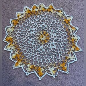 VTG HAND CROCHETED DOILY 14” Orange White Sunburst Vintage Handmade